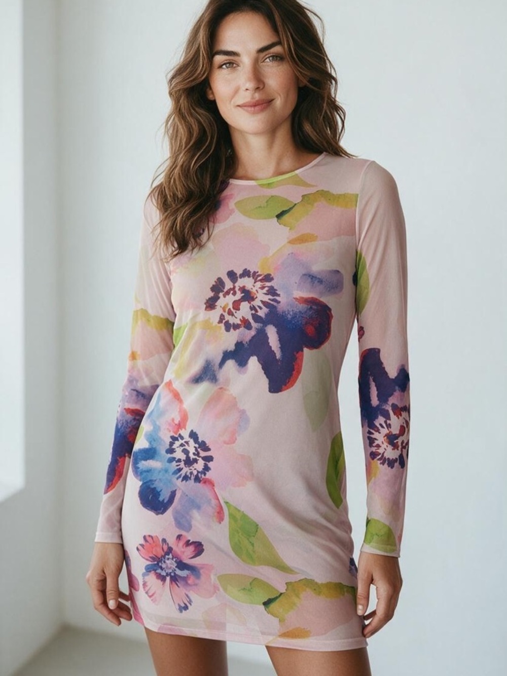 Zara Pink Floral Watercolor Long-Sleeve Mini Dress